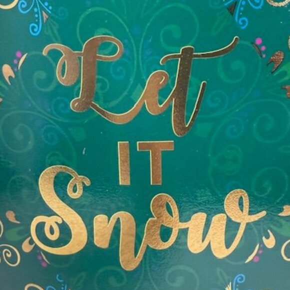 The Popcorn Factory 6.5 Gallon LET IT SNOW Green Gold Scroll Lidded Metal Barrel - Picture 3 of 14